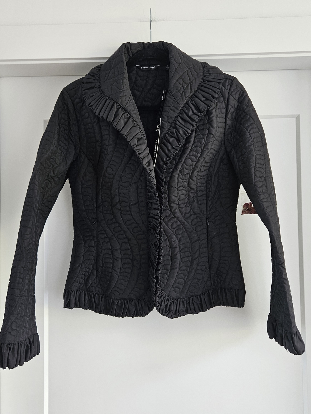 Samuel Dong Black Quilted Ruffle-Trim Blazer Size Small